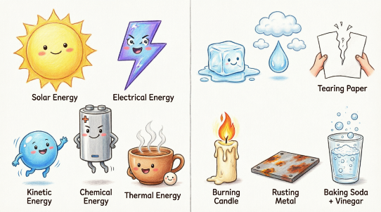 Ilustraciones de tipos de energía y cambios químicos